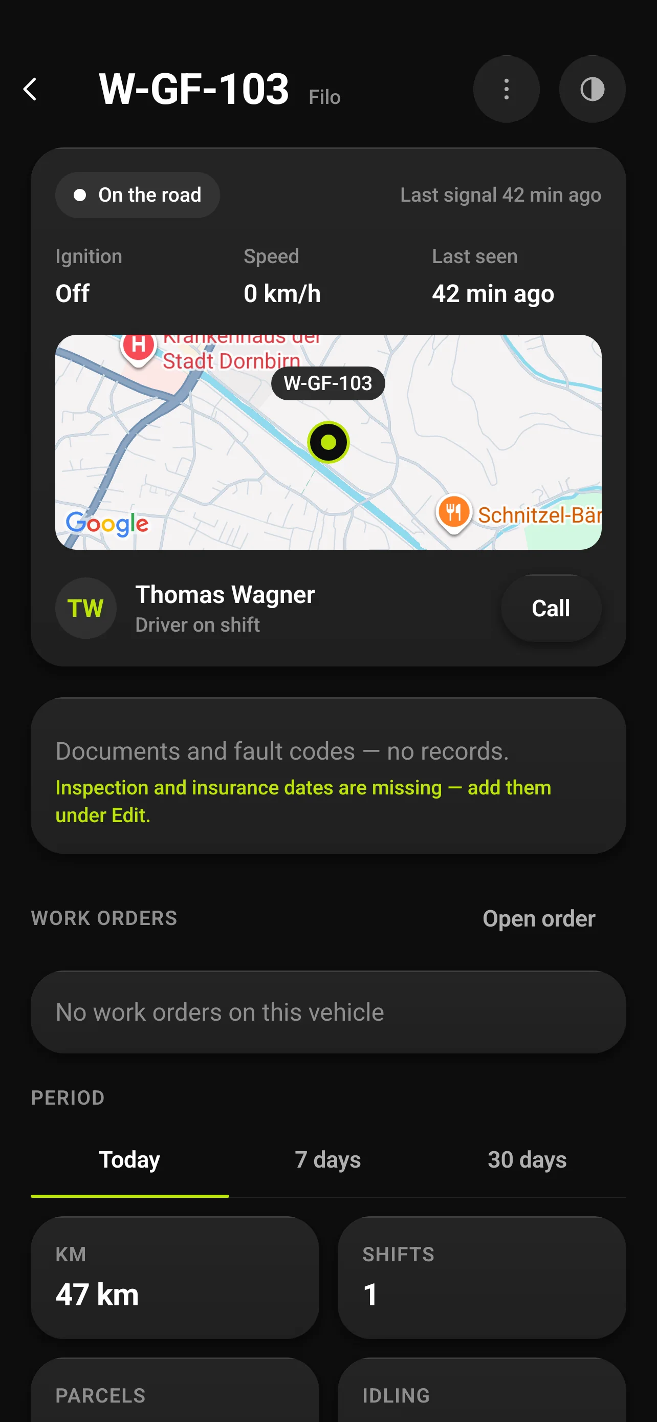 Vehicle W-GF-103: on the road, last signal, the driver on shift and work orders.