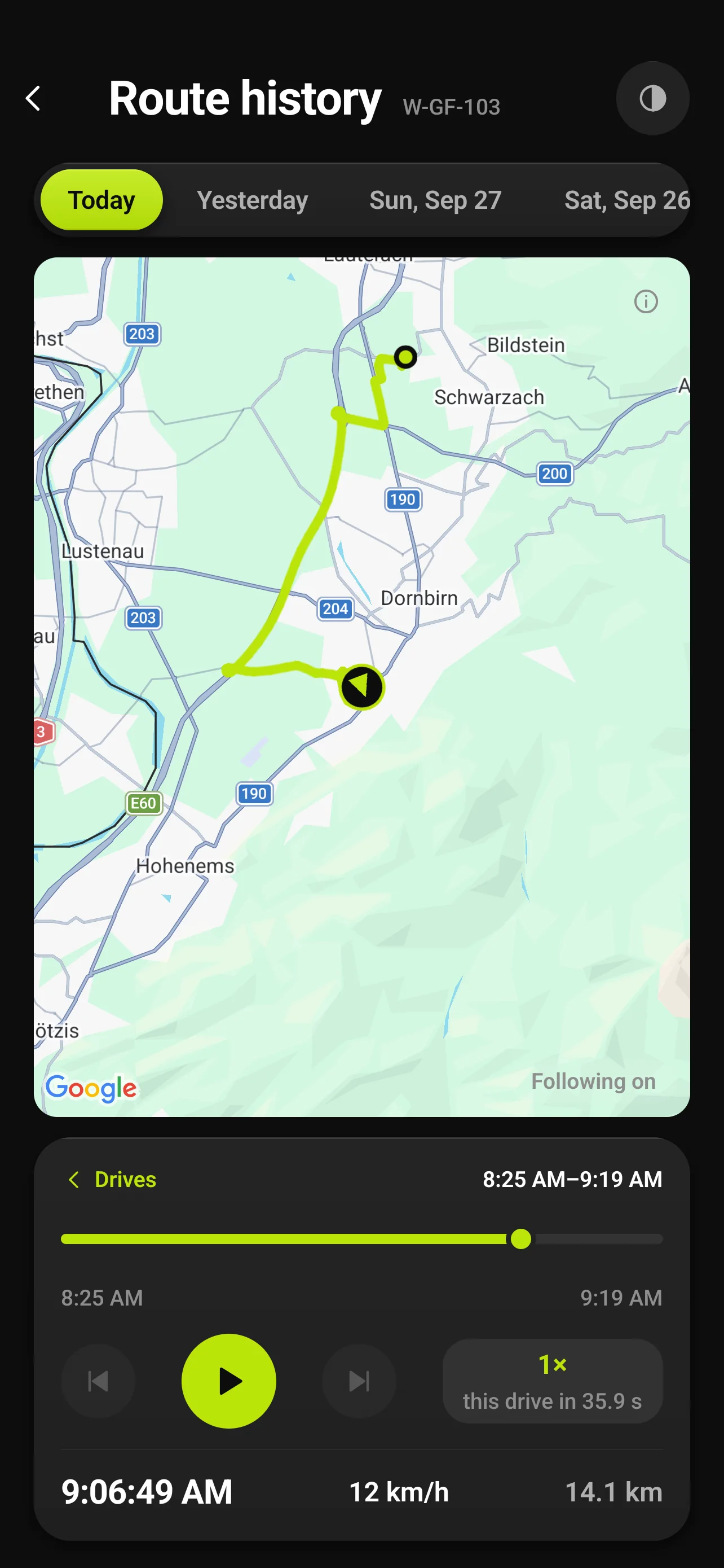 Route history for W-GF-103: the morning's drive replayed on the map.