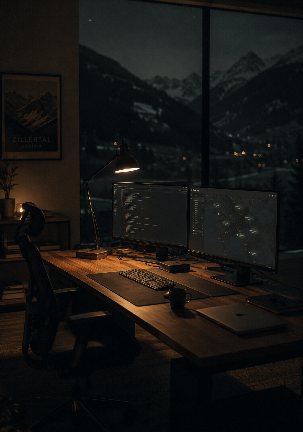 The Galzura studio at night — a desk lamp, code and a fleet map on two monitors, dark Alpine silhouettes beyond the window