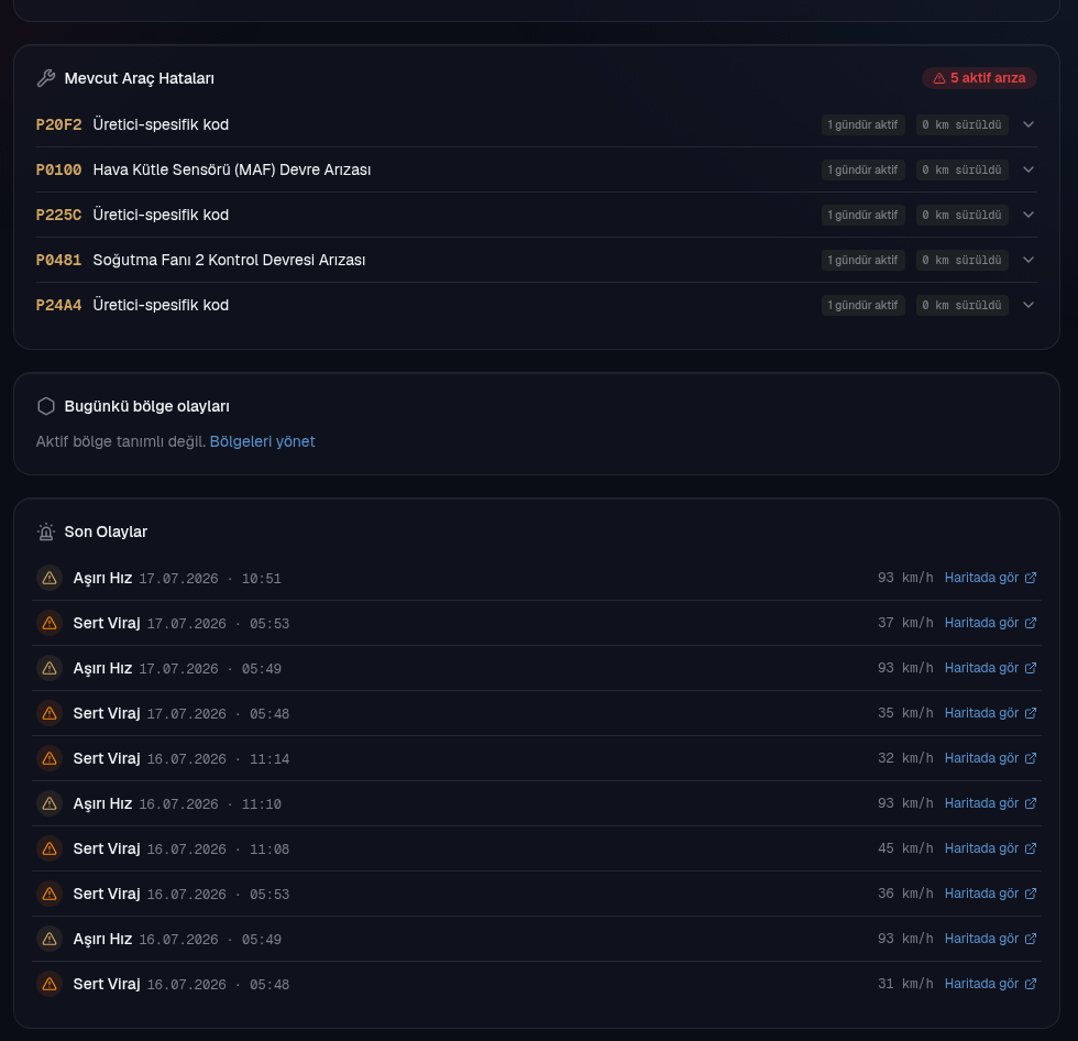 DTC fault codes and driving events for one vehicle — each code translated into a sentence with severity and location