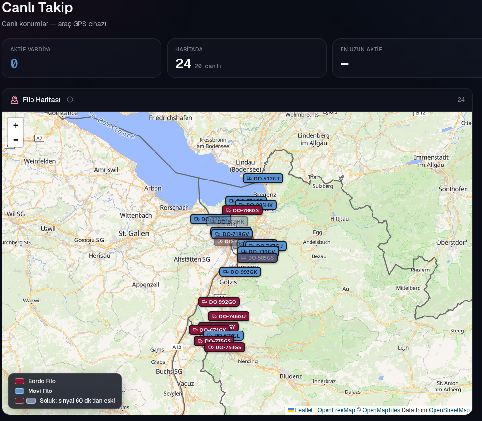 Galzura Fleet live map — plate-labeled vehicle markers around Lake Constance