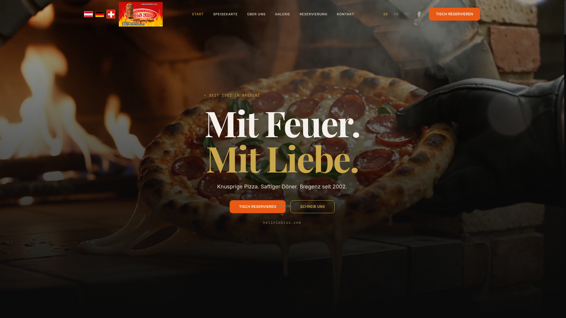Helin Imbiss hero — stone-oven pizza under gold Didone type