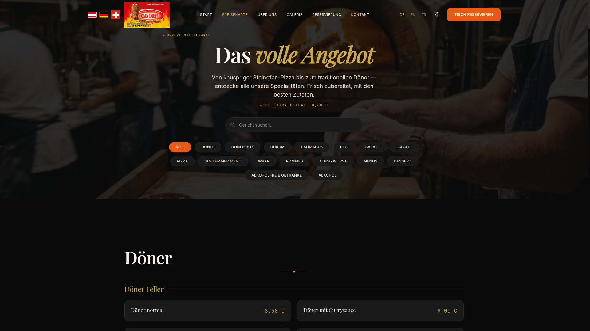 Helin Imbiss menu page with live search and filters