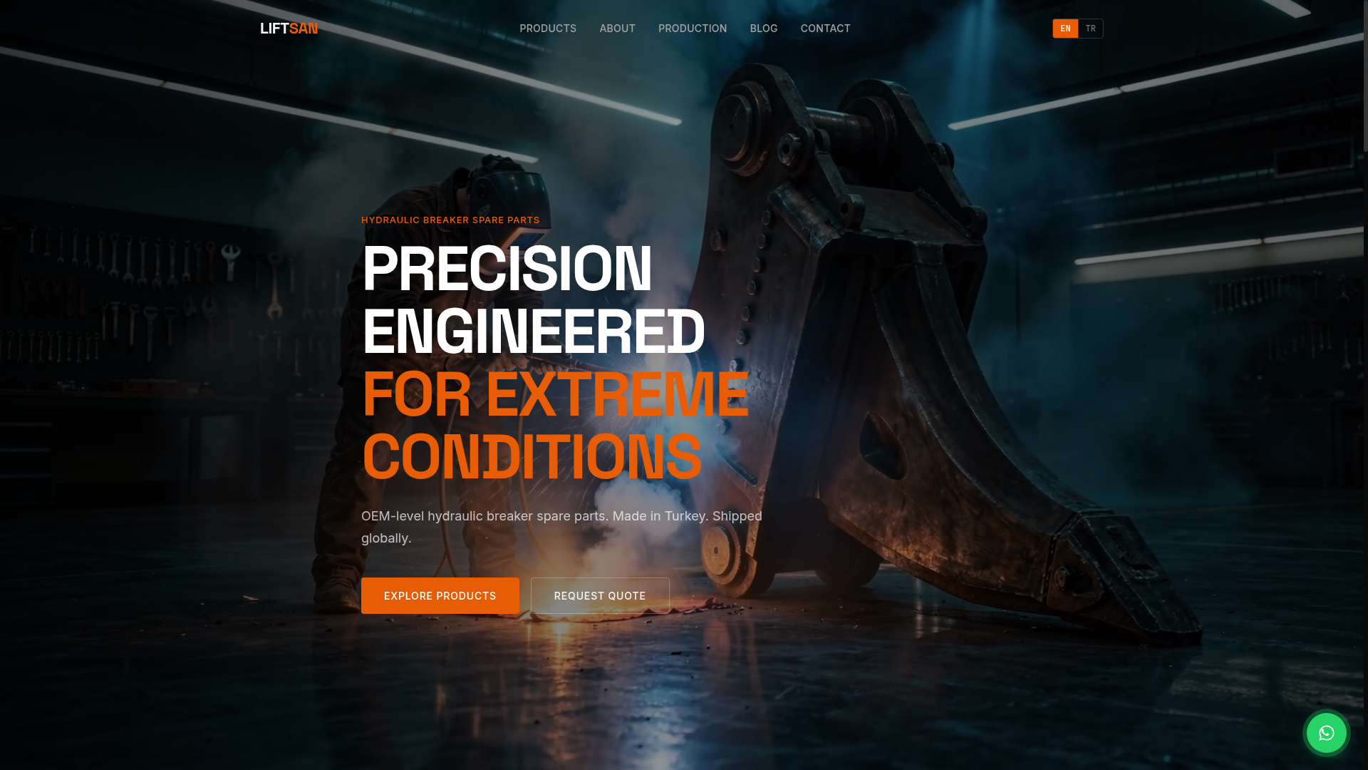 LiftSan hero — cinematic industrial scene with orange display type