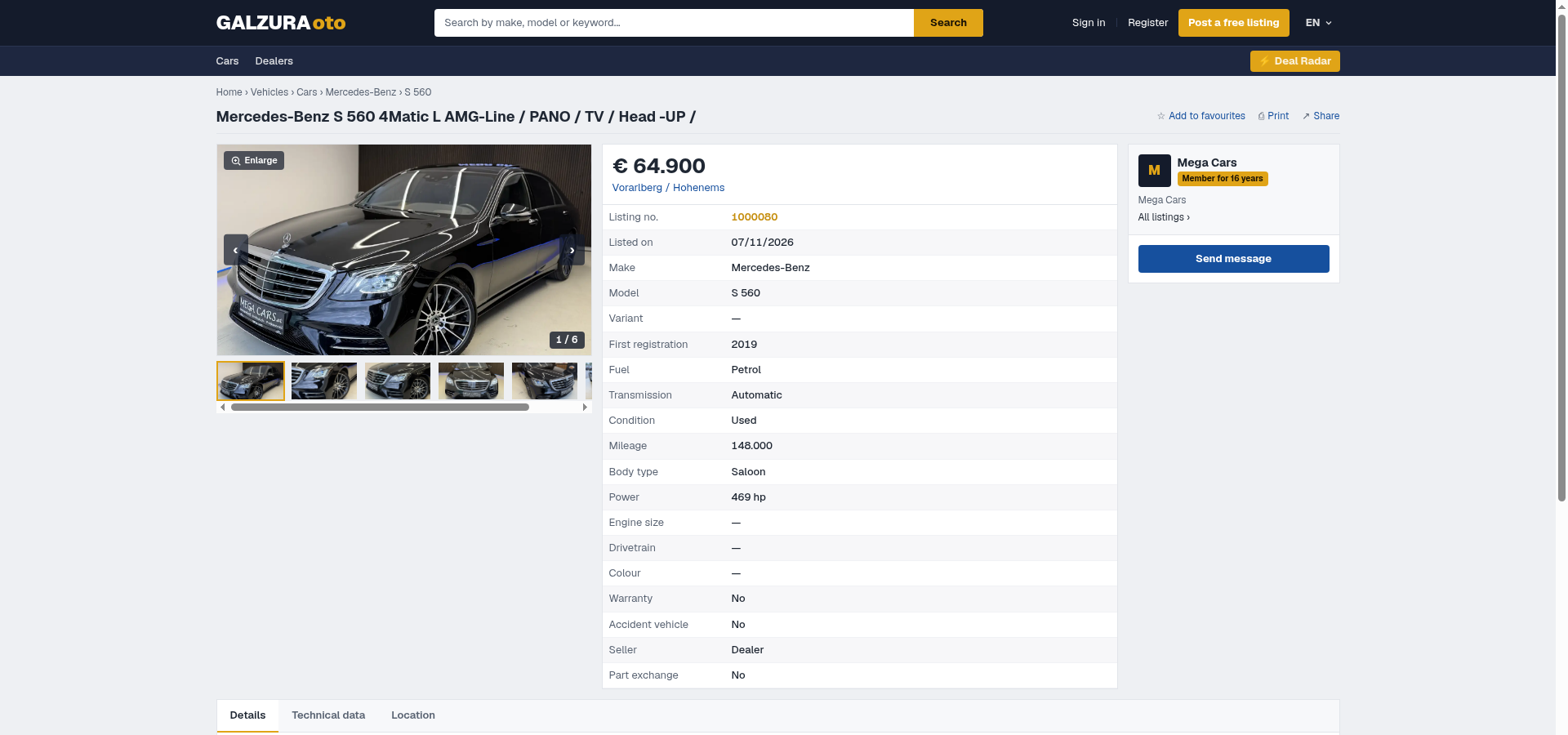 Galzura Auto production listing — gallery, price, full specification table and dealer card, ready for a Deal Radar query