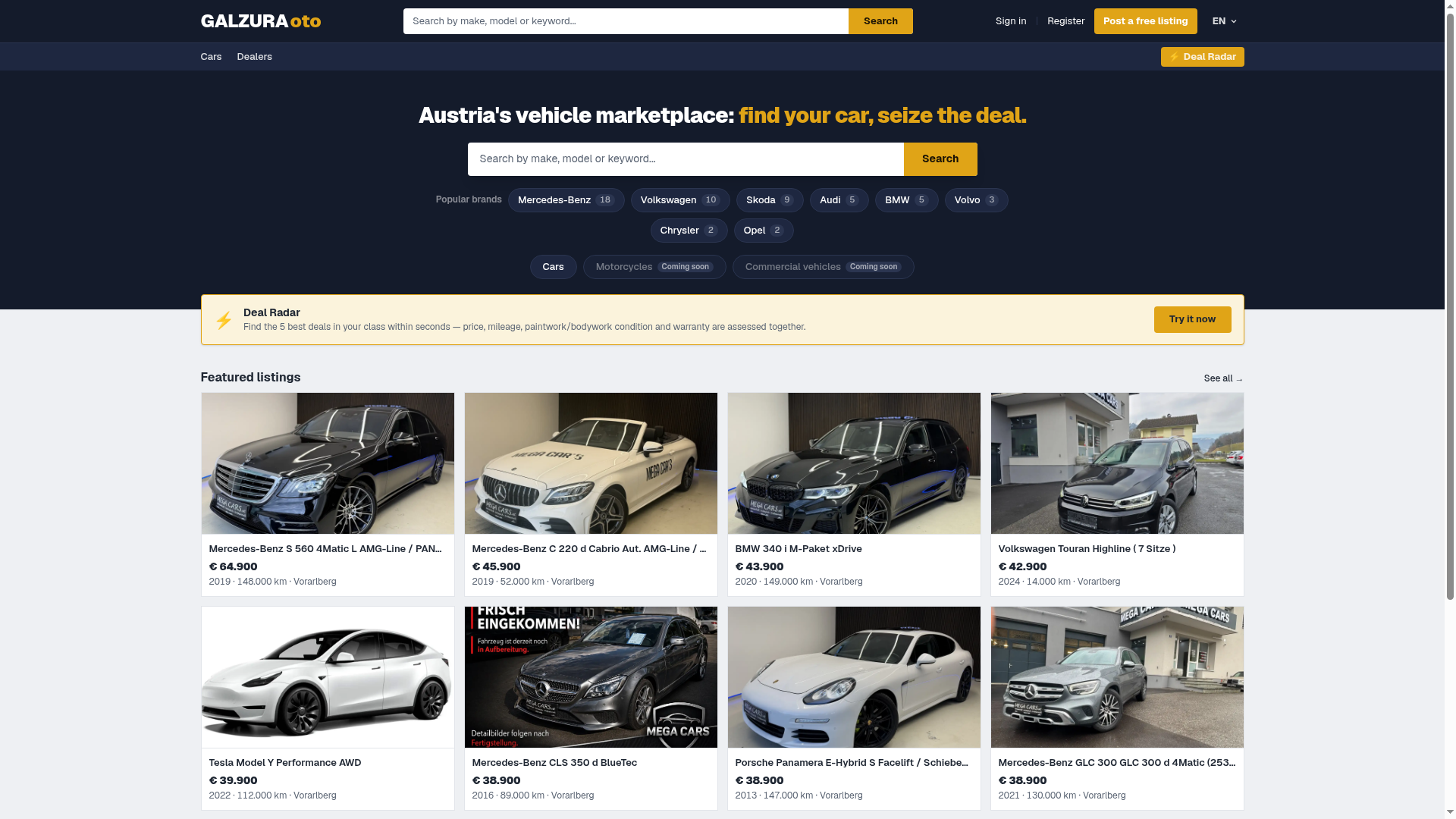 Galzura Auto homepage — dark marketplace with search, Deal Radar banner and featured vehicle grid
