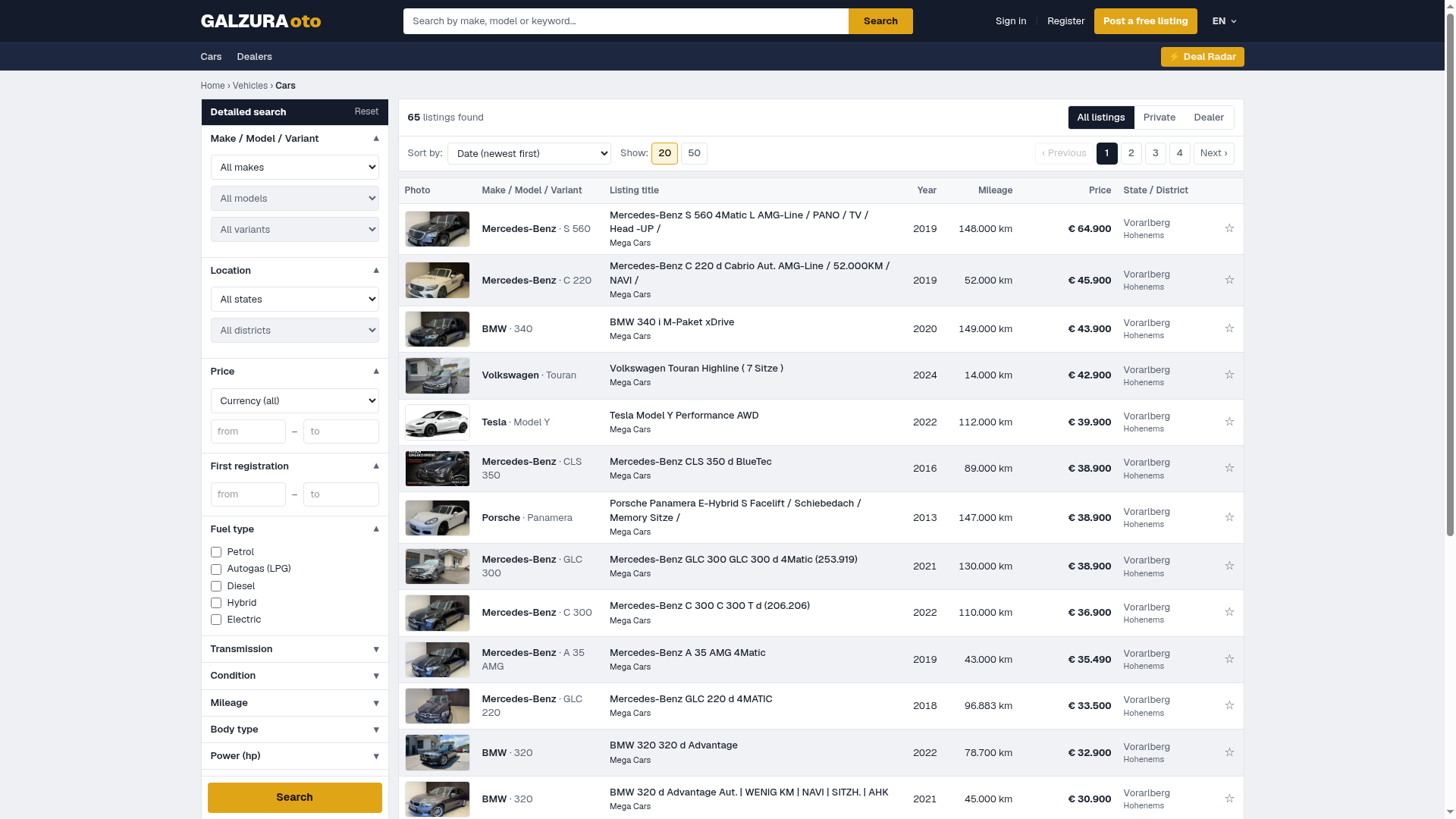 Galzura Auto listings table with detailed search filters and vehicle rows