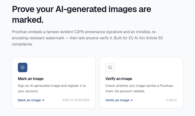 ProofCan landing page — Mark and Verify cards