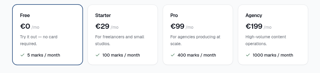 ProofCan pricing — four tiers from individual creators to platform scale