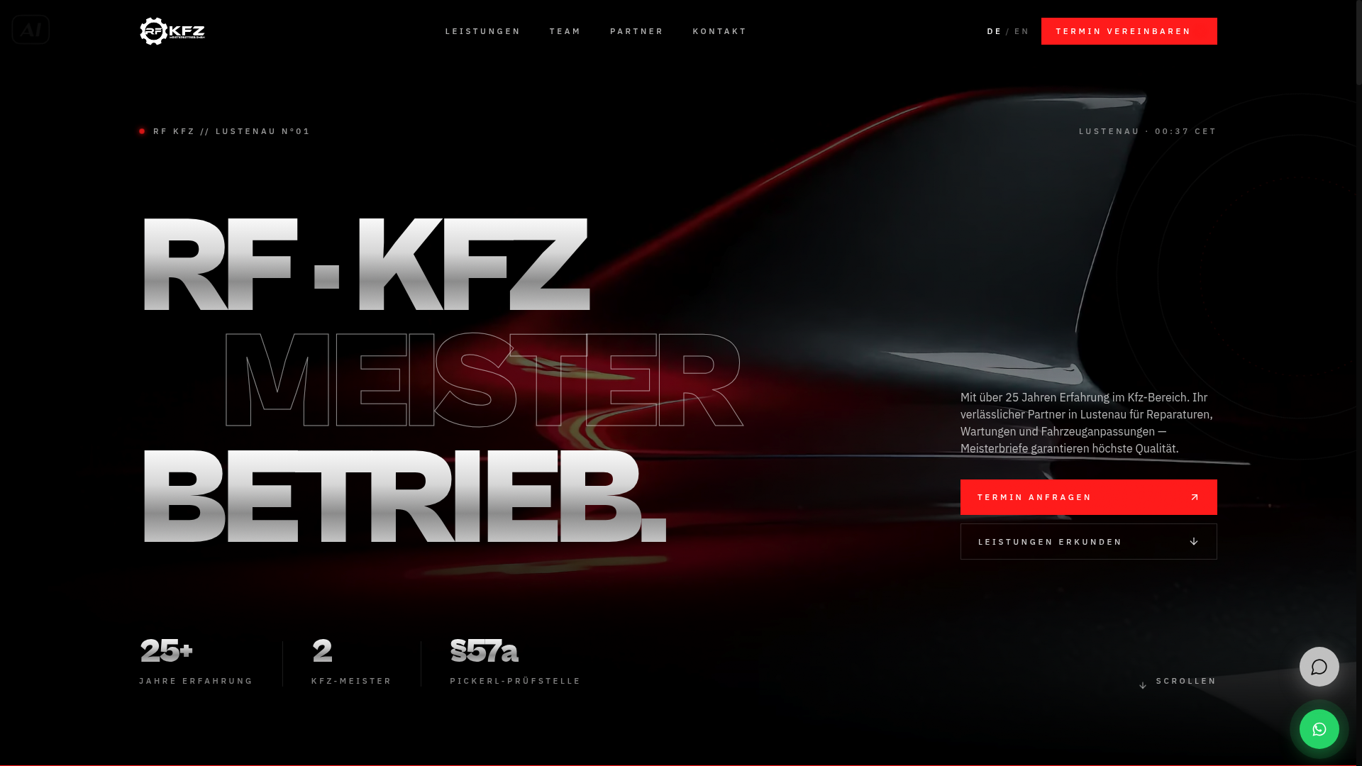RF KFZ hero — metallic display type with signal red accents